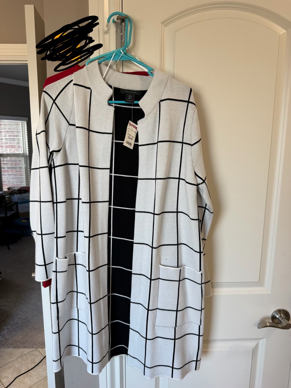 Tahari White and Black Windowpane Long Open Cardigan